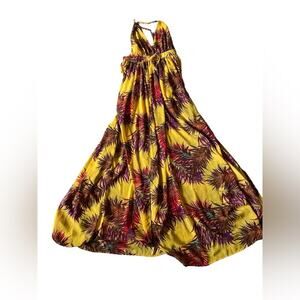 Identity Women/Teen Yellow Floral Backless Dress Sheer Size Medium Deep V Neck